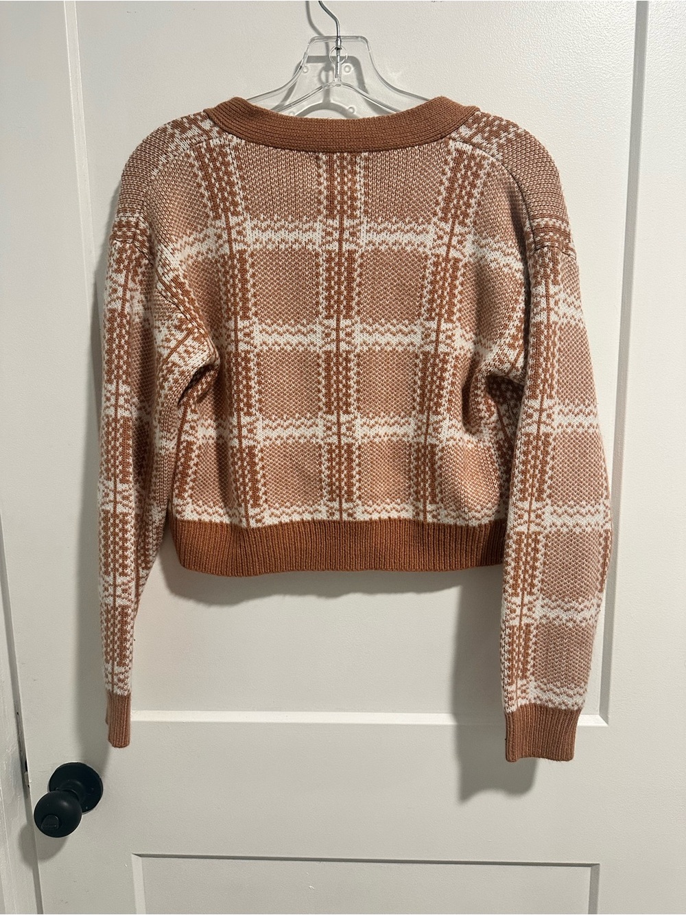 Princess Polly Rust and Cream Plaid Cropped Cardigan Sweater - Picture 3 of 3